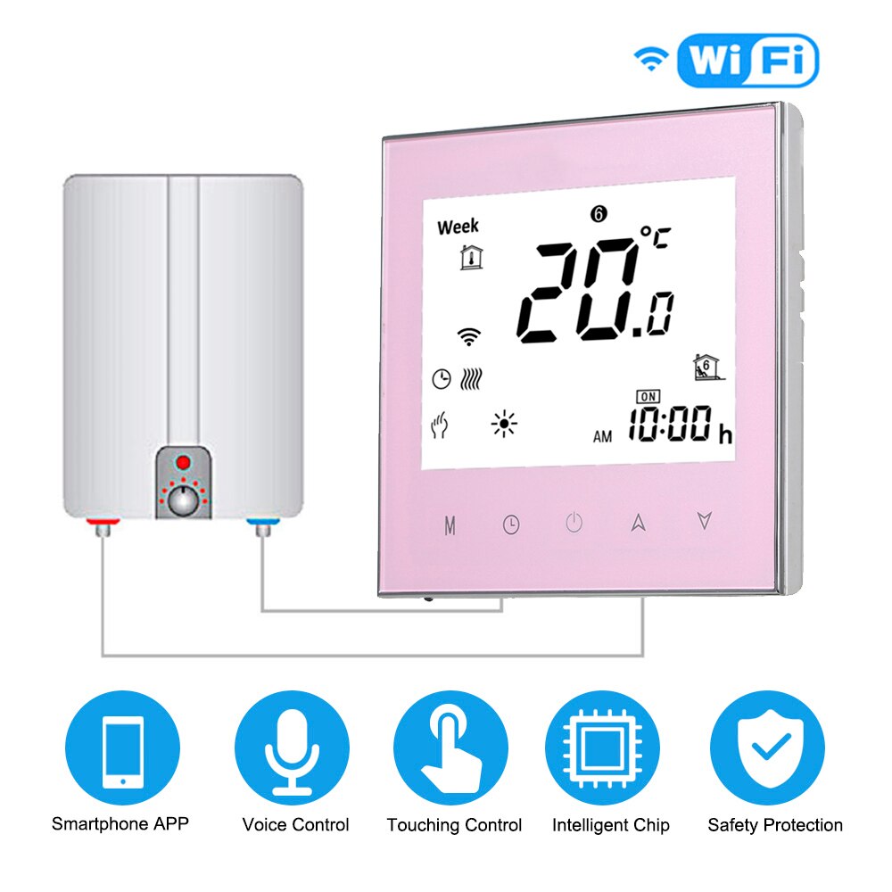 Smart Home Digital Thermostat with WiFi Connection&amp;Voice Control Energy Saving Digital Water/Gas Boiler Heating Thermostat: GC pink with wifi