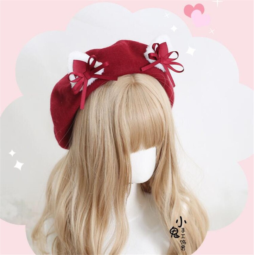 Kawaii Vrouwen Hoed Baret Wol Leuke Kat Oren Hoed Winter Warm Cap Lolita Hoofd Slijtage D1046