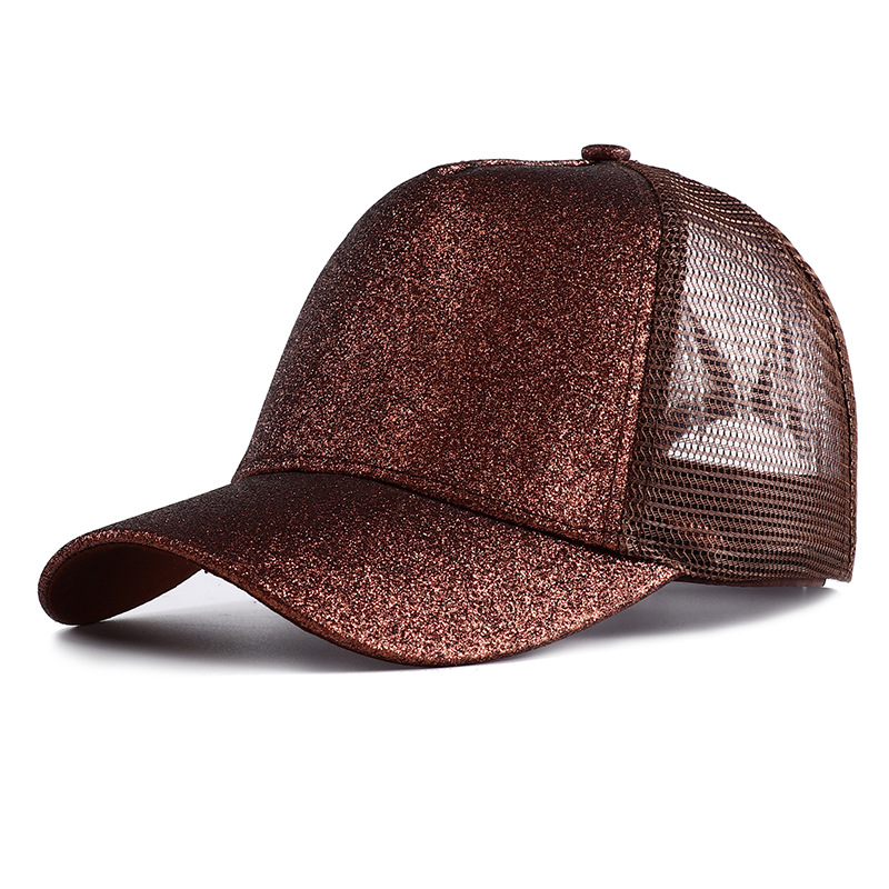 Gorra de béisbol con cola de caballo alta y purpurina para mujer, gorra Snapback informal de malla negra, blanca y rosa, Gorras de camionero para mujer 2023: Dark Brown