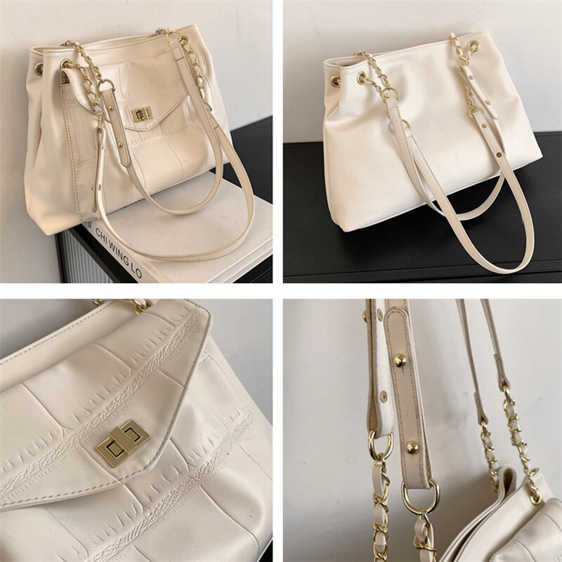 Vrouwen Schoudertas Grote Capaciteit Eenvoudige Handtas Lock Front Flap Vrouwelijke Tas