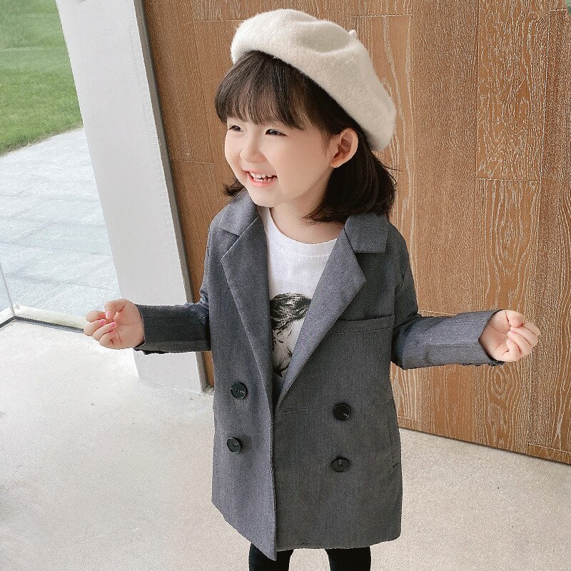 Small Children's Long Girls Blazer Kids Pure Color Double-breasted Casual Blazers Cotton Blend Uniform Toddler Costume Outerwear