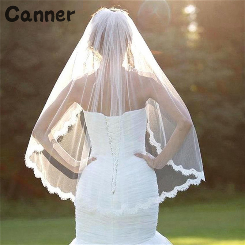 Inmaker Korte Bruiloft Sluier Wit Lvory Een Layer Lace Flower Edge Applicaties Bridal Veils Bruiloft Accessoires