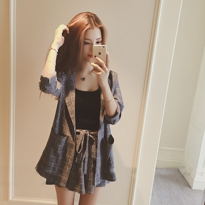 JSXDHK Plus Size Summer Autumn 2 PCS Pant Set Casual Women Gray Plaid Work Blazer Coat + Office OL Sashes Wide-Leg Shorts Suit