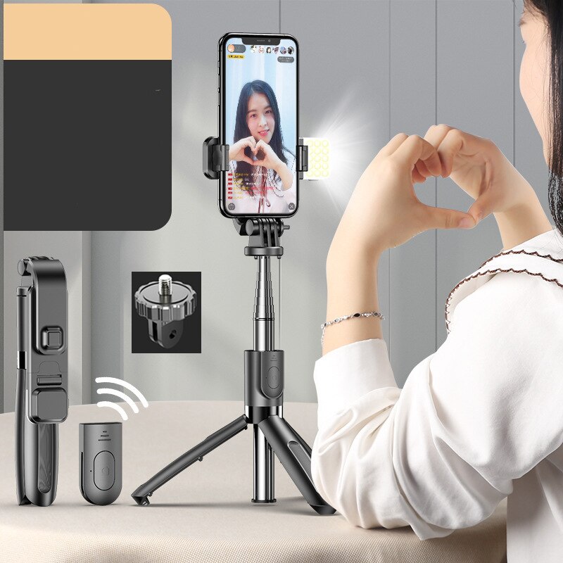 Palo Selfie con trípode y luz Led para teléfono móvil, soporte para móvil, monopié, cardán, estabilizador, Cámara de Acción y foto: Style A Black LED