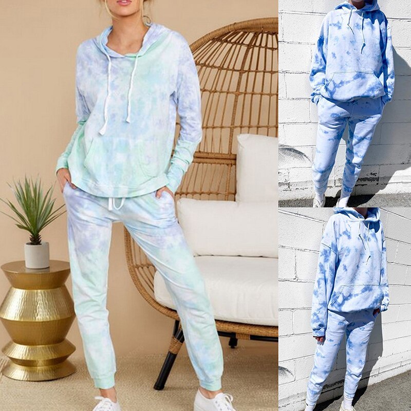 multicolore cravate colorant survêtements femmes 2 pièces ensemble automne longue sweat à capuche et manches longues sweats hauts pantalons de jogging longs