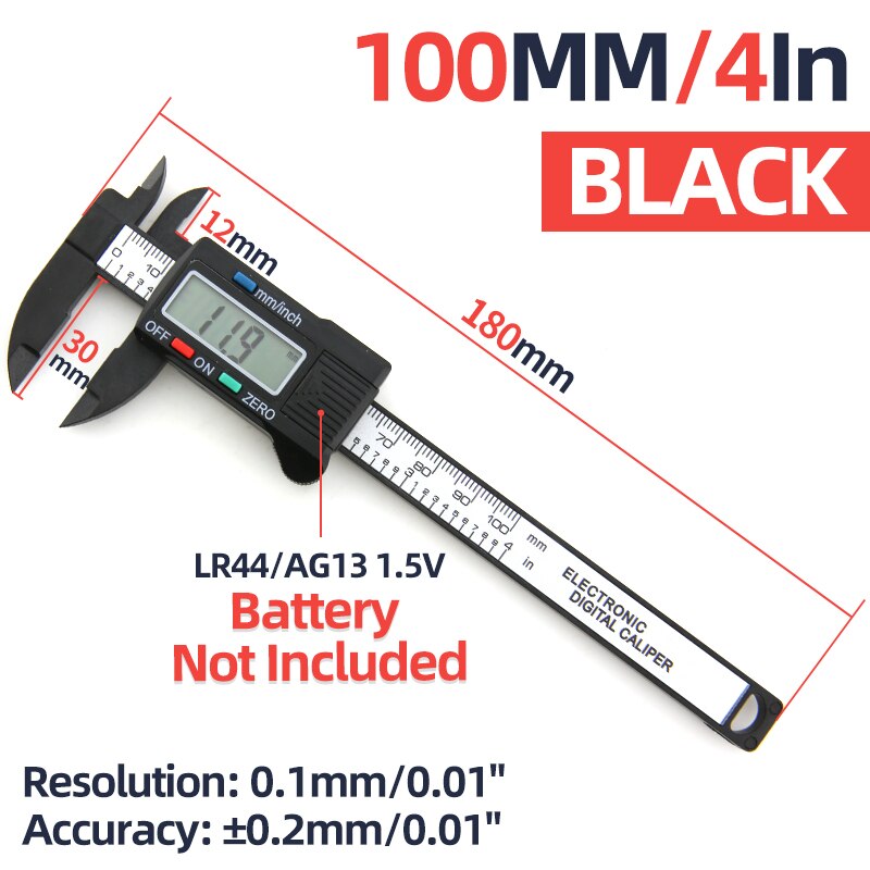 Pied à coulisse numérique électronique en plastique, Vernier, jauge d&#39;épaisseur, règle micrométrique, outils de mesure, Instrument, tachymètre: Caliper Black 100