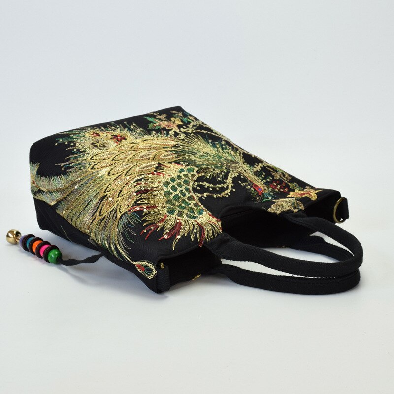 Ainvoev Embroidered Women Canvas Summer Shopping Shoulder Bag Vintage Beaded String Handbag Shiny Sequins Peacock