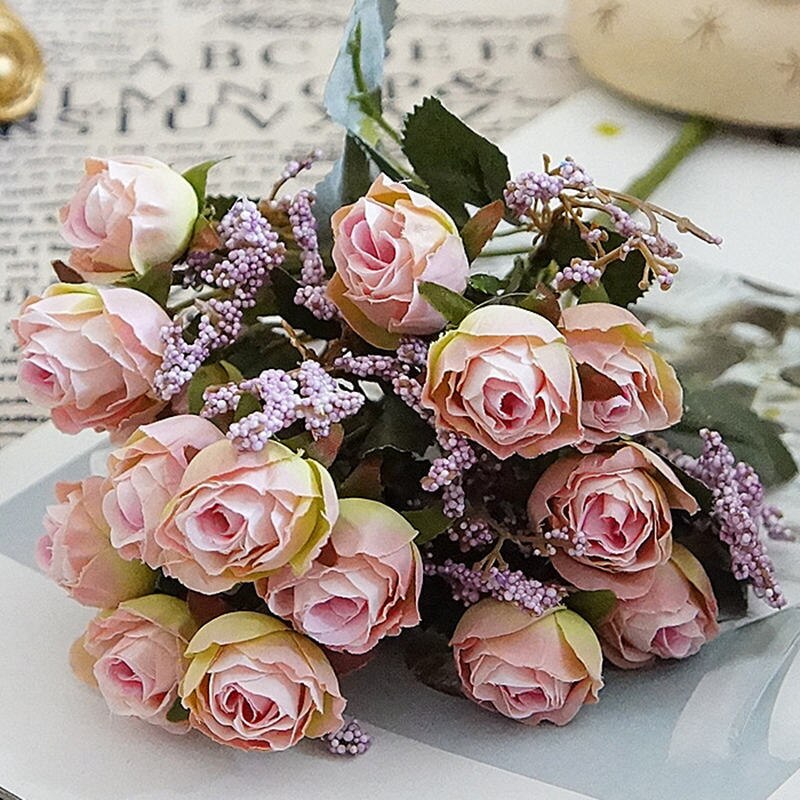 15 hoder fransk ekte ta på silke roser blomsterbukett kunstig blomsterbukett bryllup bil dekorasjon hjem dekorasjon blomster