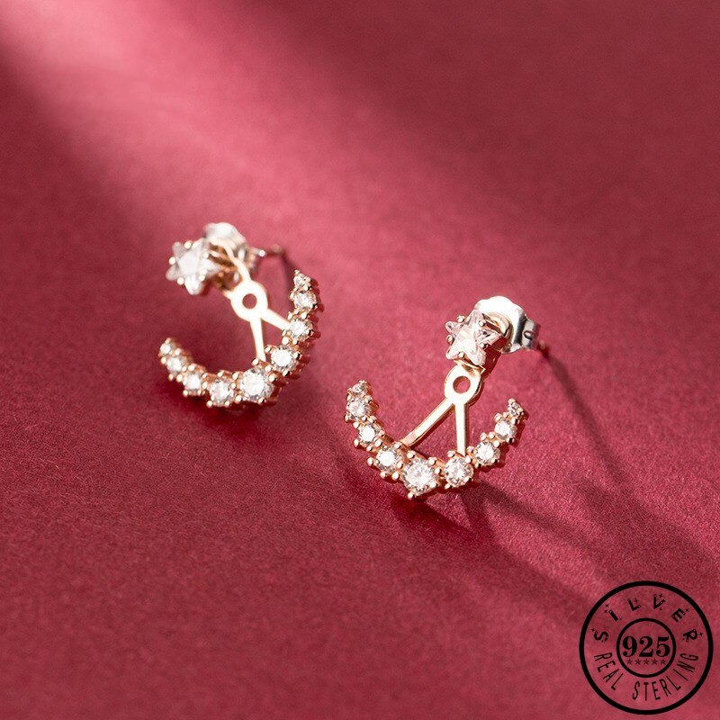 Pendientes plateados de Plata de Ley 925 con forma de estrella de Color rosa dorado chaquetas de lujo Zirconia cúbica pendientes de joyería para mujeres