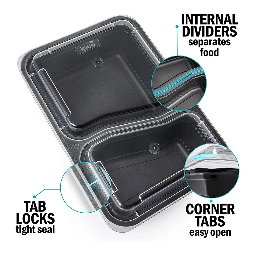 2 Compartment BPA Reusable Meal Prep Containers Rectangular Lunch Containers Microwavable Safe - Stackable Food Storage Trays