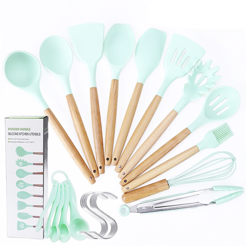 Silicone Kitchen Utensil Set 11 Pieces Kitchenware Set with Wooden Handle Nonstick Cookware, Green
