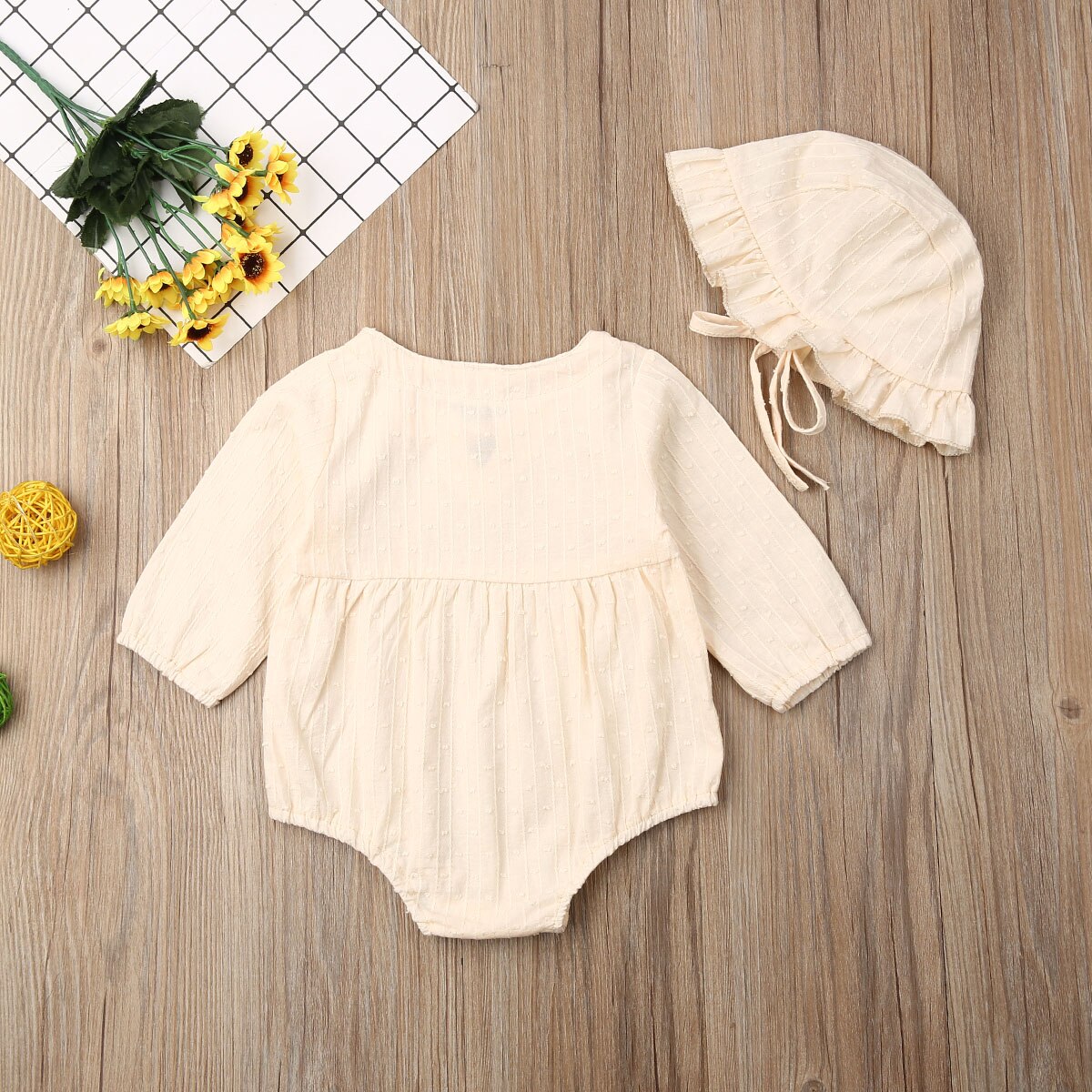 0-24M Pasgeboren Baby Jongen Meisje Met Lange Mouwen Effen Kleur Katoen Bodysuit Jumpsuit Hoed 2 STUKS Outfits Baby kleding