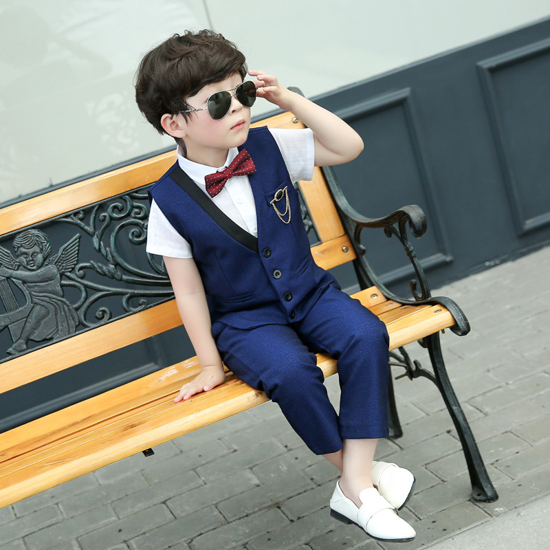 Bloemen Jongens Formele Pak Bruiloft Campus Student Jurk Gentleman Kinderen Jas Vest Broek Bowtie 4 Pcs Ceremonie Kostuums Kleding: Blauw / 5T