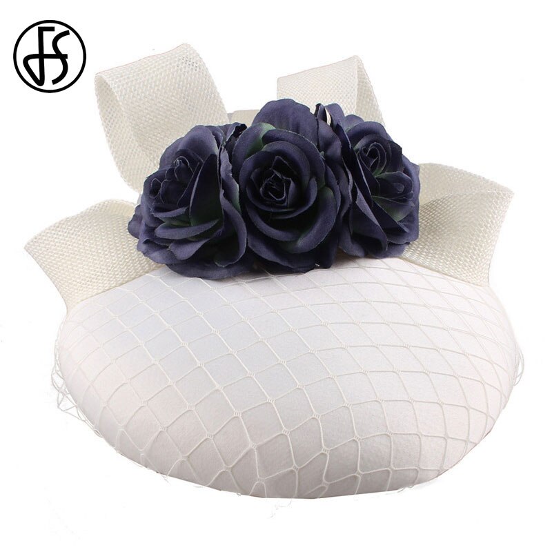 FS White Pillbox Hat Base Women Fascinator Hair Headband Big Sinamay Cocktail Headwear Flower Derby Hats For Church Fedora