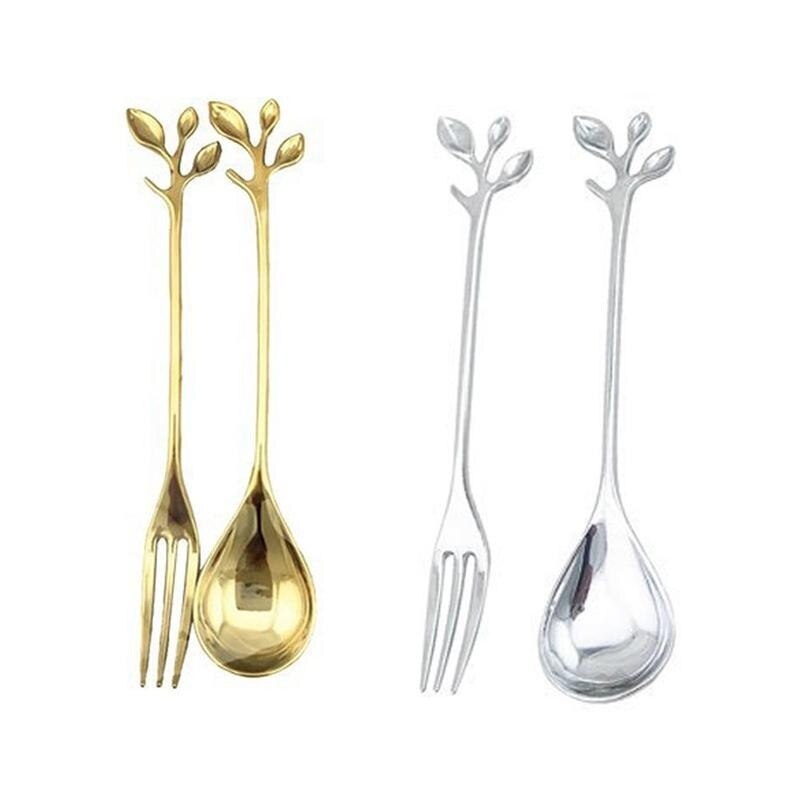 1pc legerede guldformede blade sølv kobber kaffegafler gaffel køkken bestik spisestue snackbar sød middagssæt 12cm: Ske-sølv