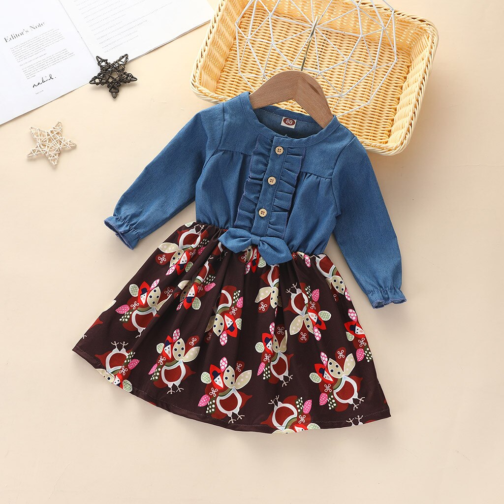 Peuter Kids Baby Meisje Kleding Thanksgiving Kalkoen Cartoon Print Jurk Winter O Hals Prinses Jurk Lange Mouwen Denim Jurk