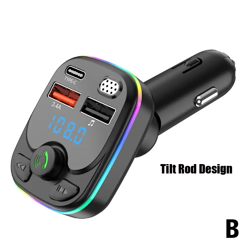 Transmisor FM manos libres Bluetooth 5,0 para coche PD tipo C Dual USB 3.4A luz ambiental colorida reproductor modulador MP3 2023: Negro