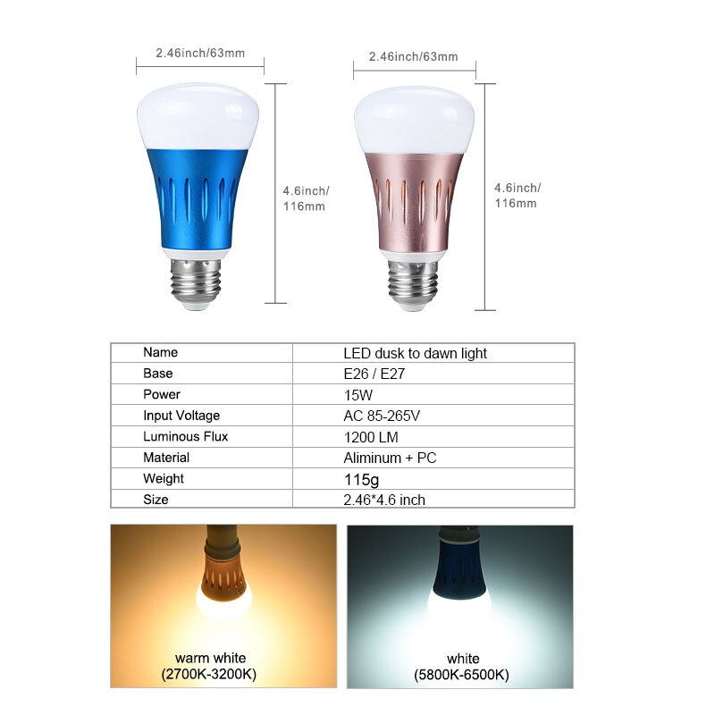 Automatic On Off Street Light Dusk to Dawn Light Bulb E27 15W 85-265V Light Sensor Lamp for Porch Path Garden Aluminum PC