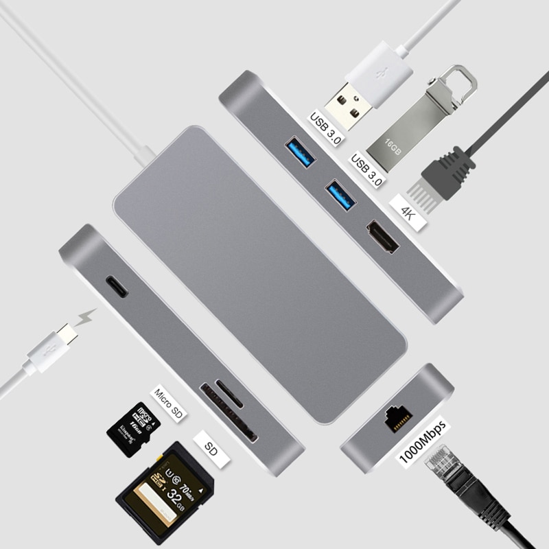 Estación de acoplamiento de ordenador portátil dos puertos USB 3,0 4K HDMI 3,5mm SD/lector de tarjetas TF PD carga para Macbook para ASUS para tabletas