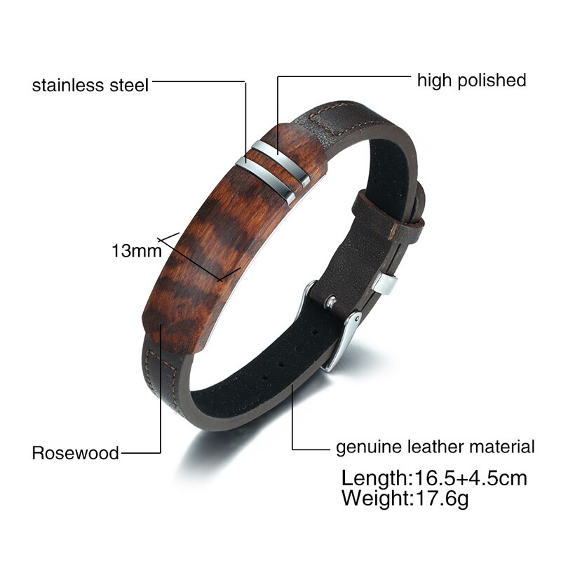 ROSEWOOD GENTS BRACELET FOR MEN ADJUSTABLE LEATHER WRISTBAND HIPSTER MAN JEWELRY