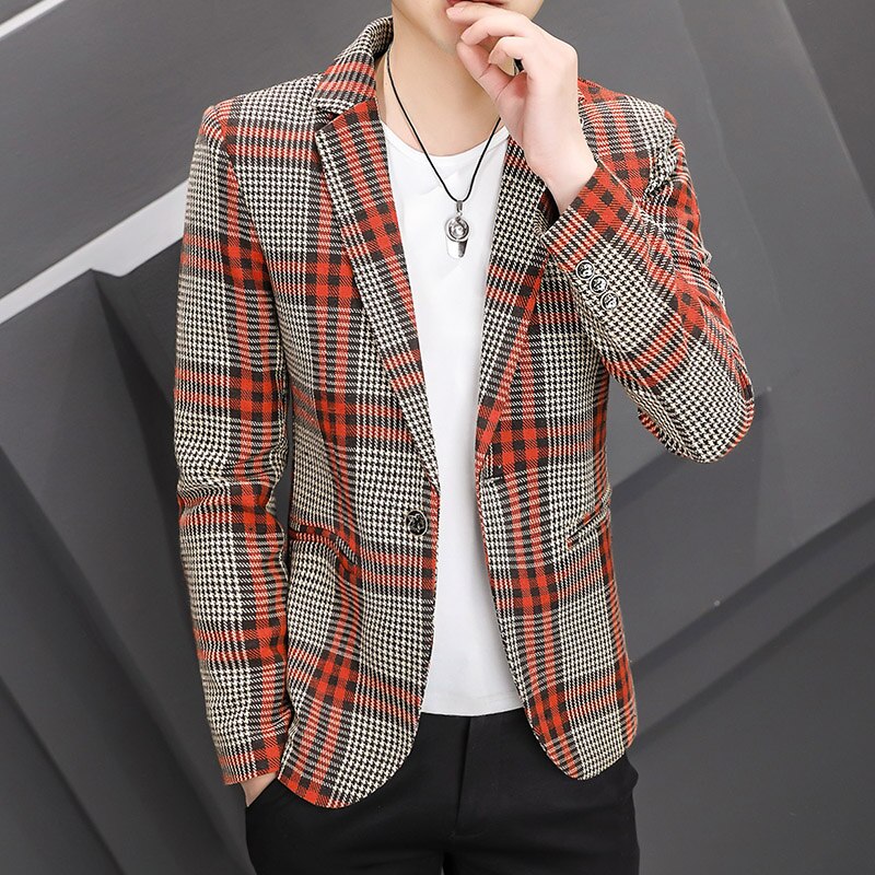 Chaqueta a cuadros de estilo británico para hombre, Blazer ajustado de un solo pecho, traje informal inteligente para y boda