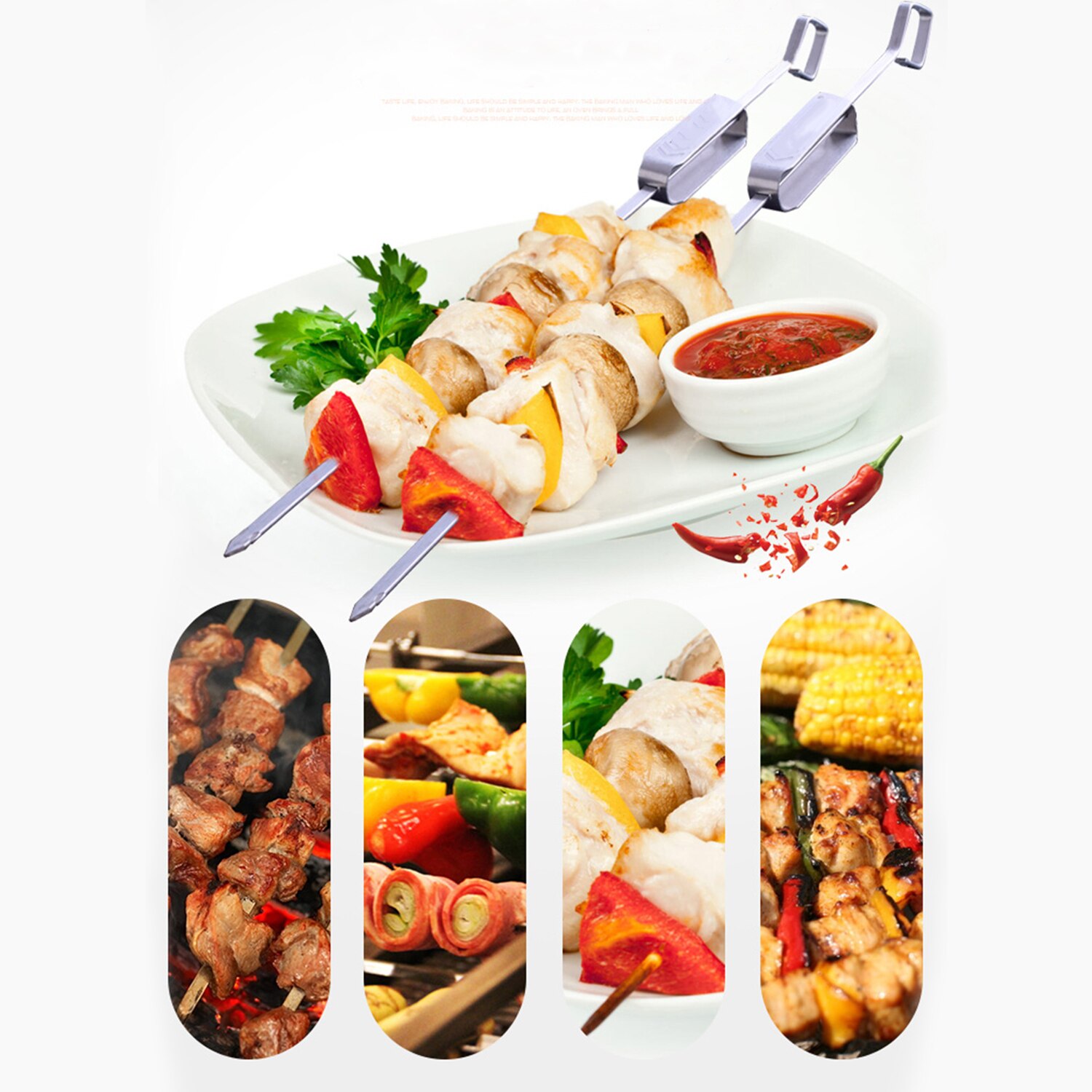 6pcs Stainless Steel BBQ Meat Sticks Long chef grill Food Holders Skewers Needle Prongs for Barbecue Party Skewers