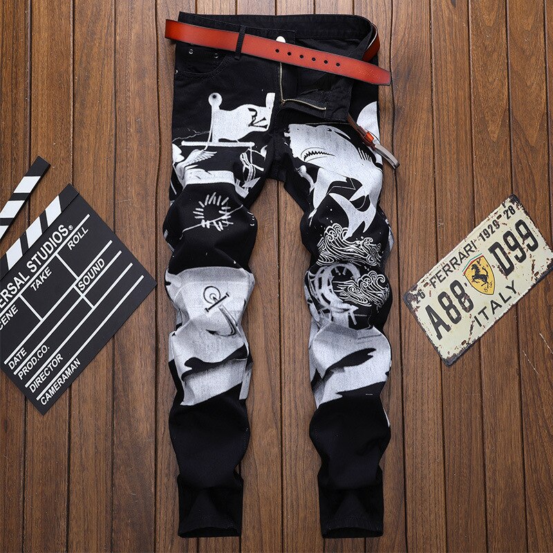 Print casual jeans bukser mænd slim fit denim bukser jean jogger mænd hip hop streetwear bukse tøj sort  wa108