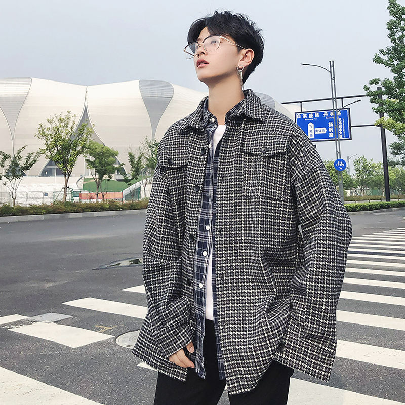 Herfst geruite wollen jas heren retro casual wollen jas heren streetwear wilde losse koreaanse wollen wollen jas heren s -4xl