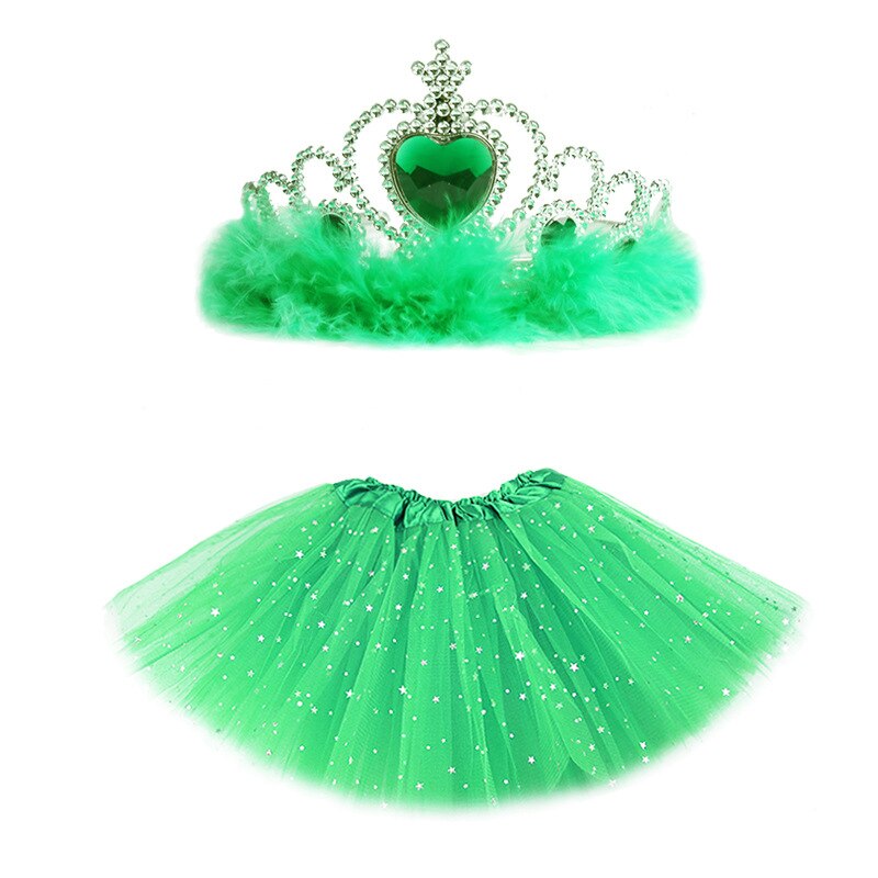 Baby nederdel pige prinsesse tyl nederdel ballet dance party mini med krone solid ball kjole stjerne print sommer 2 stykker pandebånd: Grøn