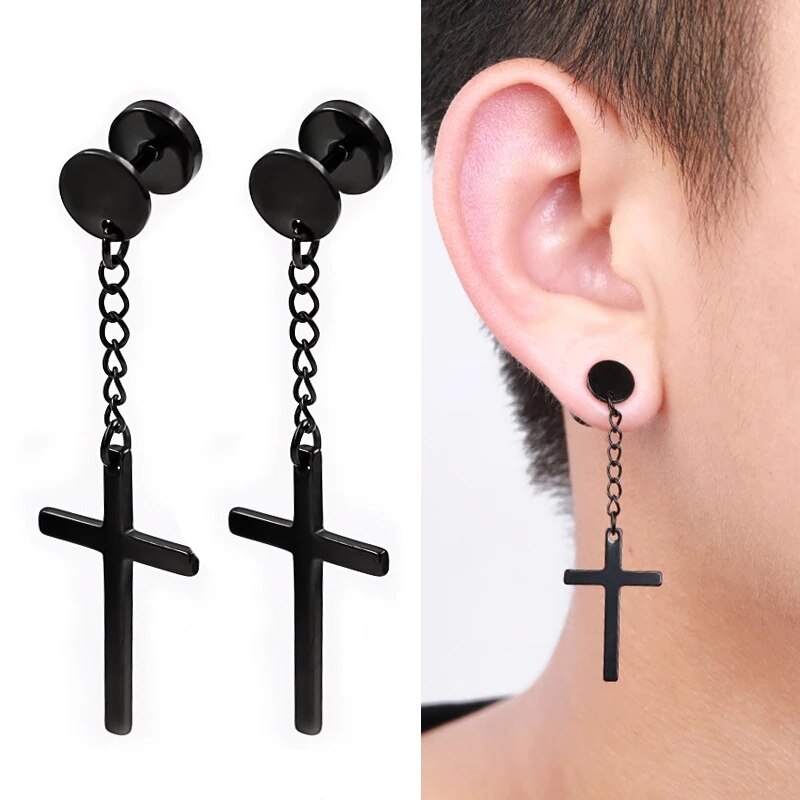 Men Earrings Geometric Titanium Stainless Steel Punk Couple Love Stud Earrings Goth Ear Cuffs Clip-on Earrings for Women Jewelry