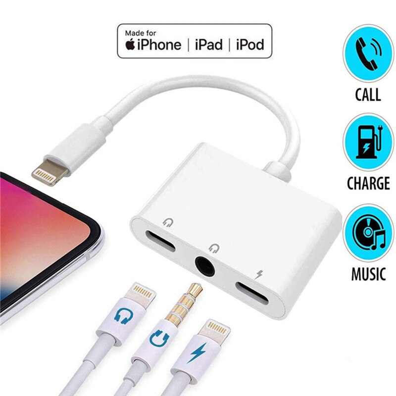 3 In 1 Bliksem Naar 3.5Mm Hoofdtelefoon Dual Audio Jack Adapter Splitter Voor Iphone 11 12 Pro Xs Max xr X Se Ipad Aux Opladen