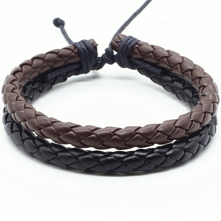 Mode Casual Vintage Punk 2 layer Bruin Zwart Handgemaakte Weave PU Lederen Mannen Armbanden Voor Vrouwen Homme Mannen Sieraden