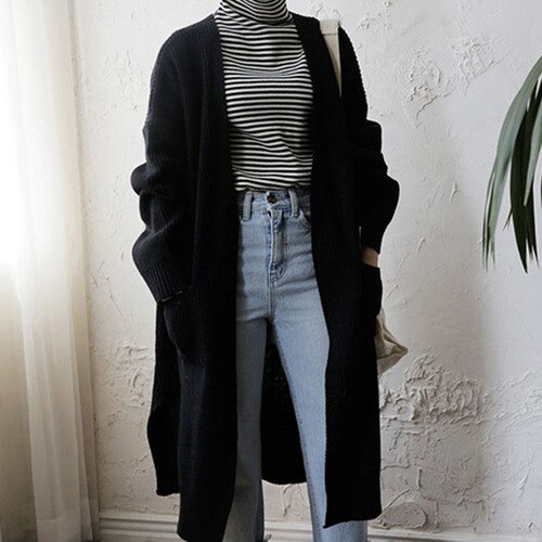 Vesten dames lange mouwen los gebreide dames effen truien koreaanse stijl dames trui warme trendy cardigan: Zwart