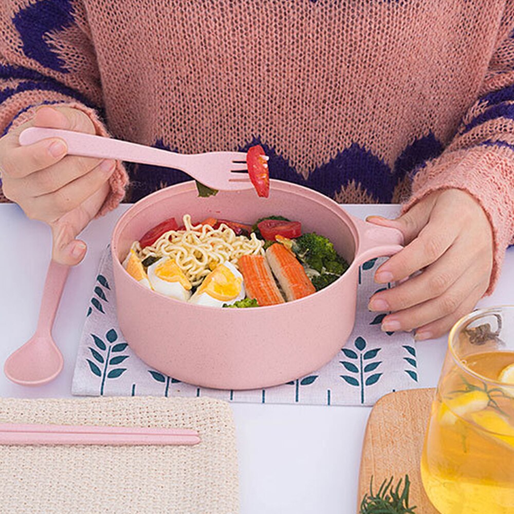 Ramen bol à nouilles instantanées avec poignée de couvercle, paille de blé , ensemble de couverts de cuisine, soupe salade riz bol micro-ondes