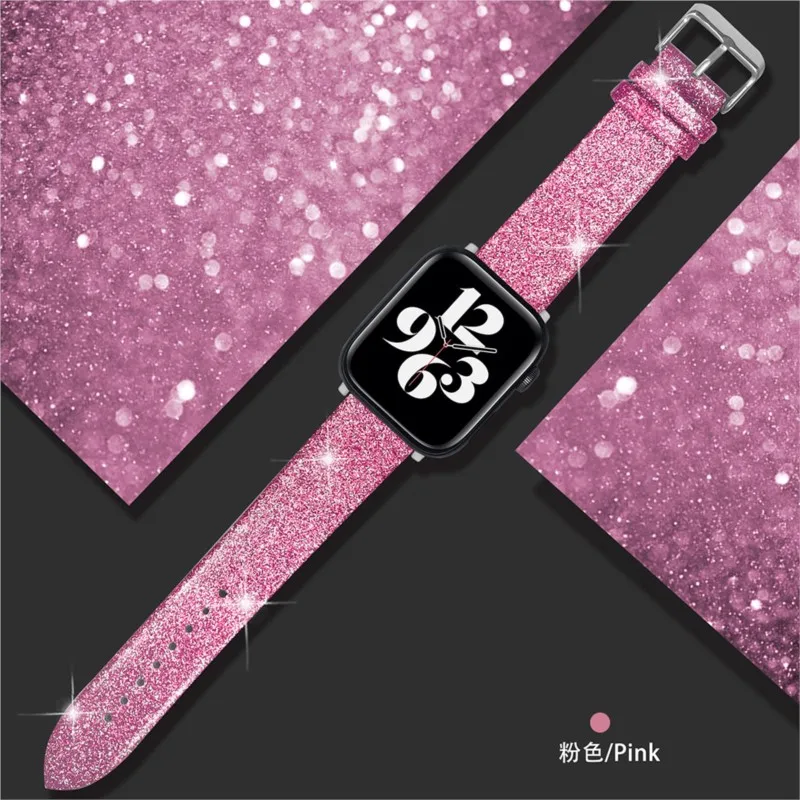 Glitter Leather Strap for Apple Watch Band 44mm 40mm 42/46mm Ultra2 49mm 41mm 45mm sport Bracelet iWatch Series 10 9 8 7 8 6 5 4: M / Black Green