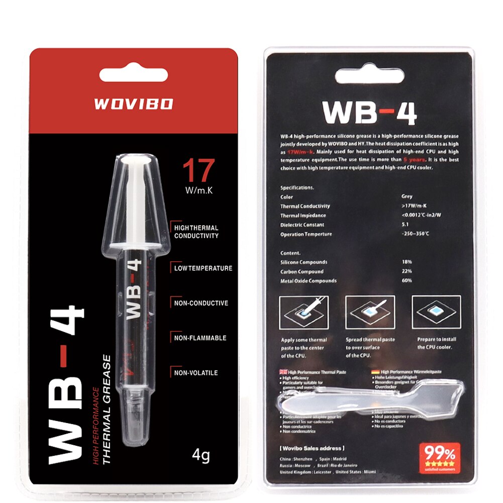 Wovibo-pasta térmica WB-4 WB 4 4g 1g 17 w/m-k para CPU, disipador de calor para impresora GPU, Enfriador de refrigeración, compuesto de grasa térmica de silicona