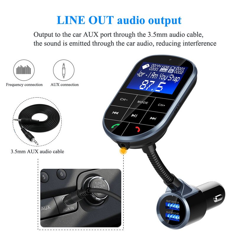 Handsfree Draadloze Bluetooth Fm-zender + Aux Modulator Carkit MP3 Speler Tf Sd Lcd Display Dual Usb Autolader