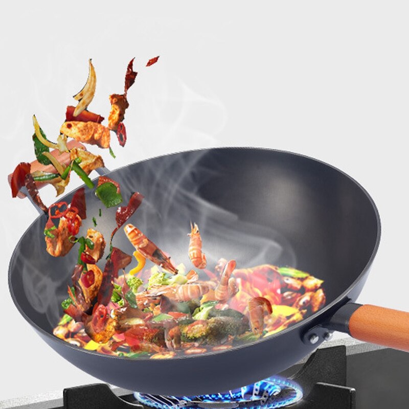 Carbon Steel Wok Chinese Style Flat-Bottomed Cast Iron Stirring Pot for Electric Stove and Induction Cooker -12.5 Inches