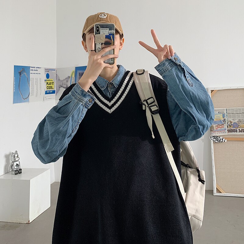 Herr tröja väst v-hals print lösa trendiga harajuku män student fritid chic sida split enkla outwear varm mjuk