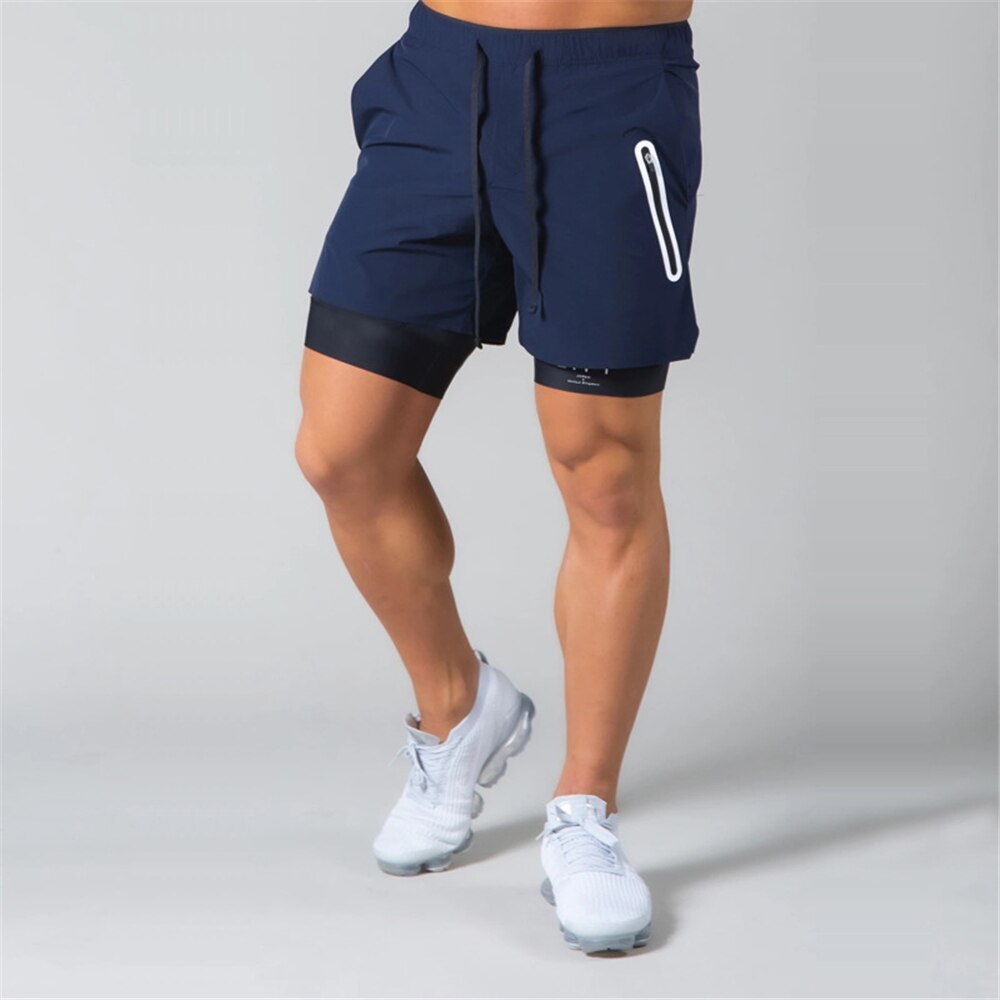 Short 2 en 1 avec Legging, pantalon de Jogging, de sport, de loisirs, d'entraînement en plein air, avec poches à fermeture éclair, Style: Navy / M