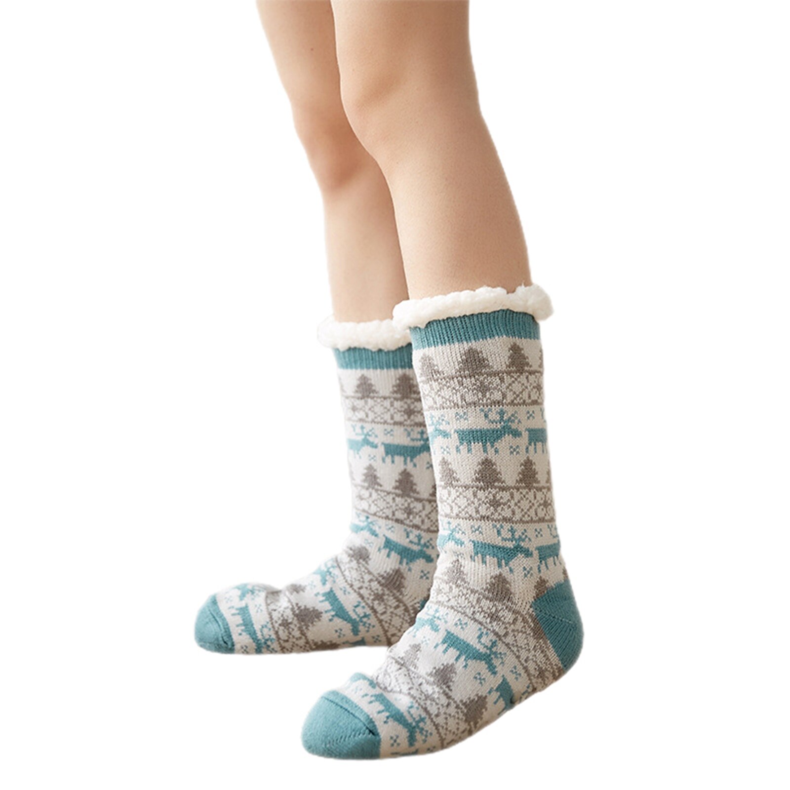 Inverno feminino floco de neve velo meias forro de malha meias grossas quente antiderrapante chinelo de natal hosiery: Azul