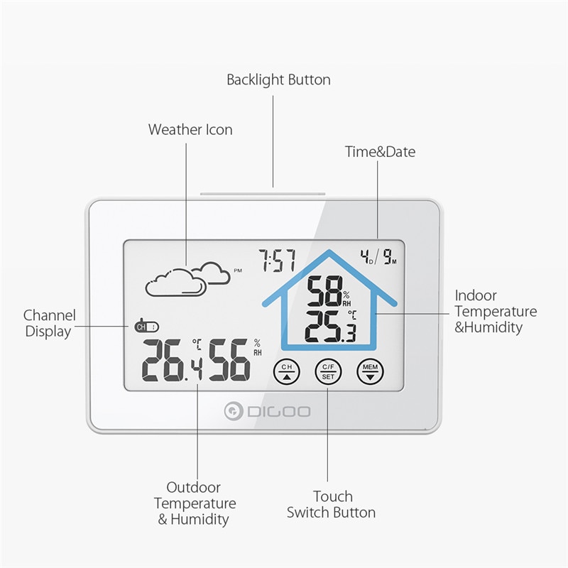 Digoo DG-TH8380 Touch Screen Smart Home Weerstation Dagelijks Klok Alarm Thermometer Hygrometer Temperatuur Vochtigheid Sensor