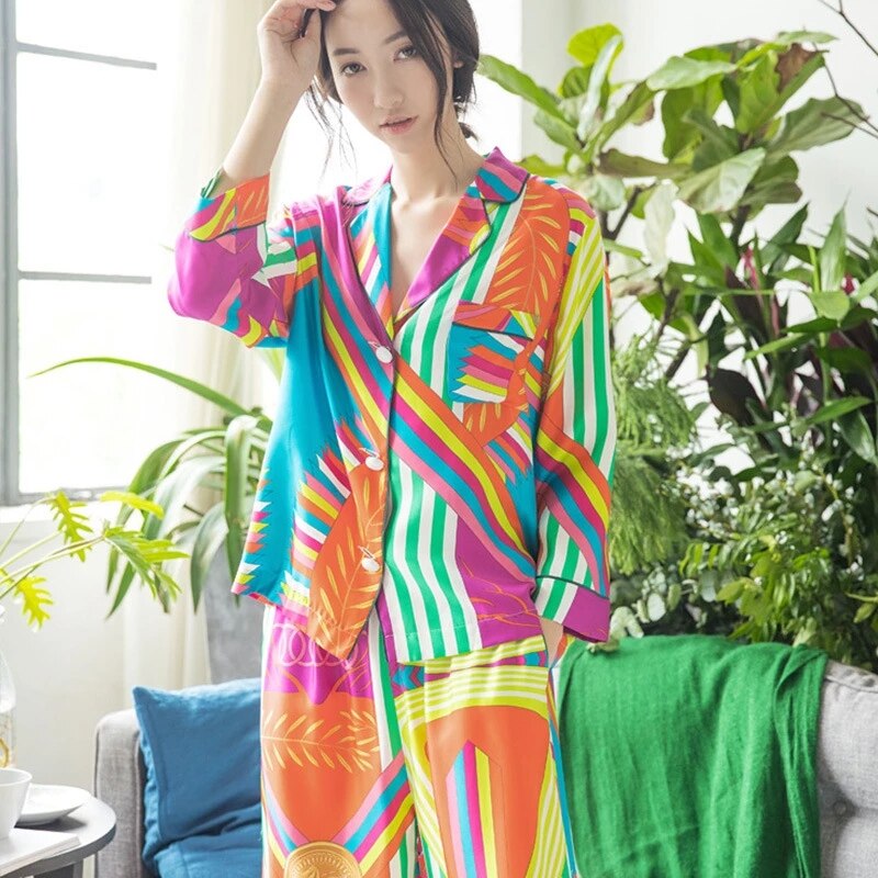 Kvinder silke pyjamas efterår koreansk nattøj løs cardigan lange ærmer bukser sæt 2 dele sexet satin pyjamas hjemmetøj