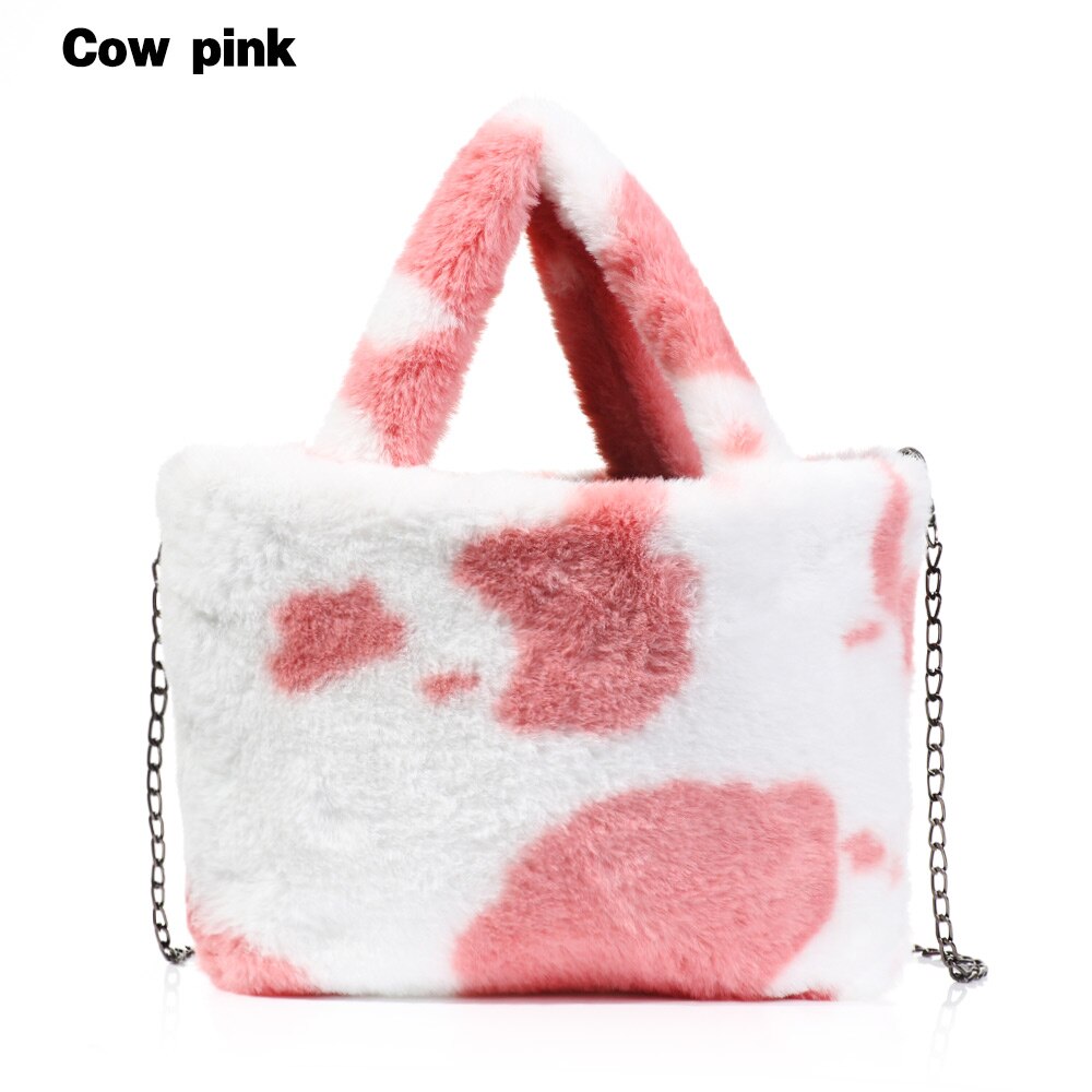 Bolso de hombro esponjoso de alta capacidad para mujer, de leopardo estampado de cebra, bolsas para las axilas con patrón de corazón de amor, bolsas de mano de piel cálida de felpa suave: Cow pink