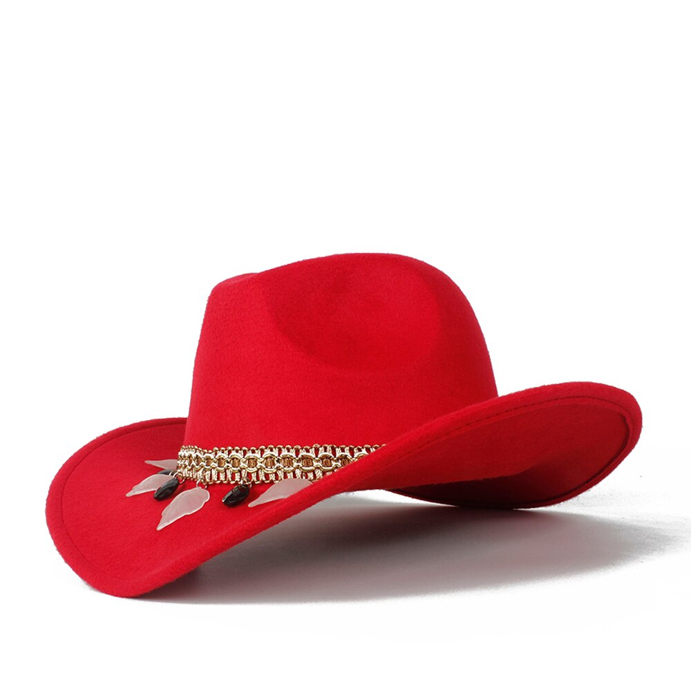 Kvinder uld hule vestlige cowboy hat dame tasseloutblack cowgirl sombrero hombre jazz cap: Rød
