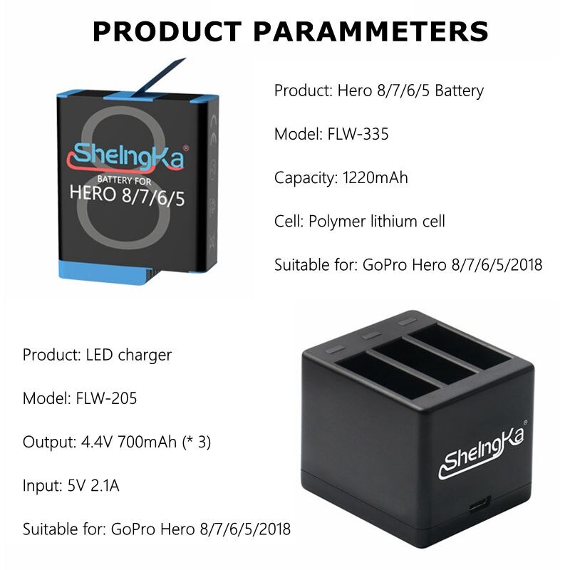 Original SheIngKa Hero8/7/6/5 Smart IC Battery+3 Slot Storage Charger For GoPro Hero 5 6 7 Hero 8 Black Battery Accessories