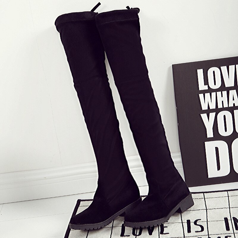 Dij Hoge Laarzen Vrouwelijke Winter Laarzen Vrouwen Over De Knie Laarzen Platte Stretch Sexy Mode Schoenen Zwart Botas Mujer