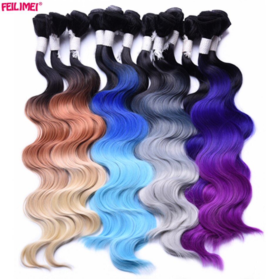Feilimei-mechones de pelo sintético, tejido de fibra de alta temperatura, 3 tonos, Rubio degradado, gris, azul, Morado, 18 pulgadas, 20 pulgadas, 22 pulgadas