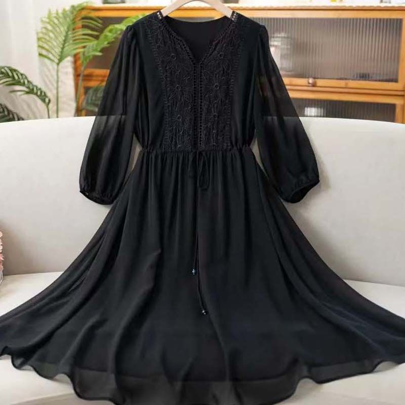 Vestido de gasa con cuello en V para mujer, traje con bordado, manga 3/4, Color sólido, informal, a la , primavera y otoño: L / Negro