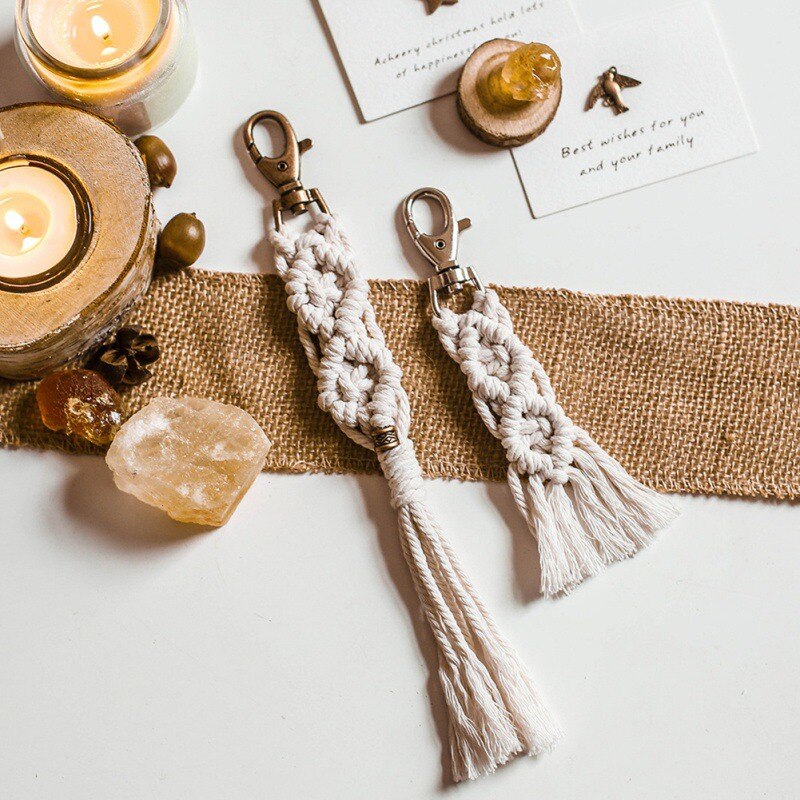 Macrame Keychains Boho Woven Bag Charms with Tassels Handcrafted Accessories for Car Key Purse Phone Unique Decoration Ornaments